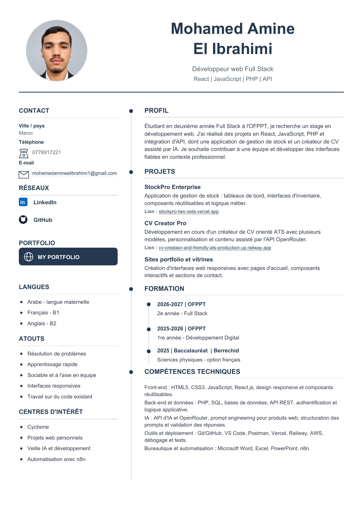 French CV of Mohamed Amine El Ibrahimi, showing his profile, projects, education, and technical skills